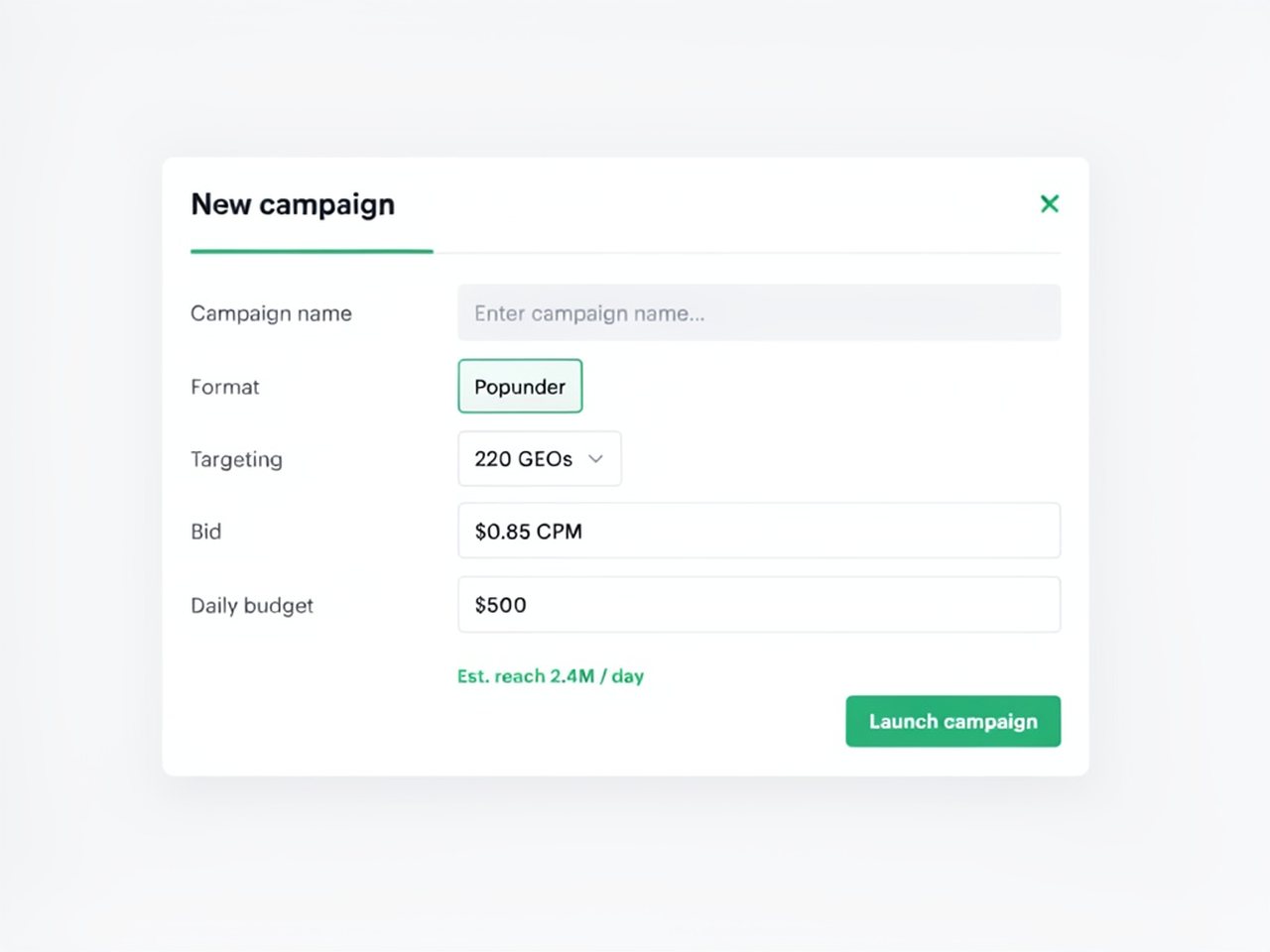 Creating a new campaign in the ClickRush dashboard